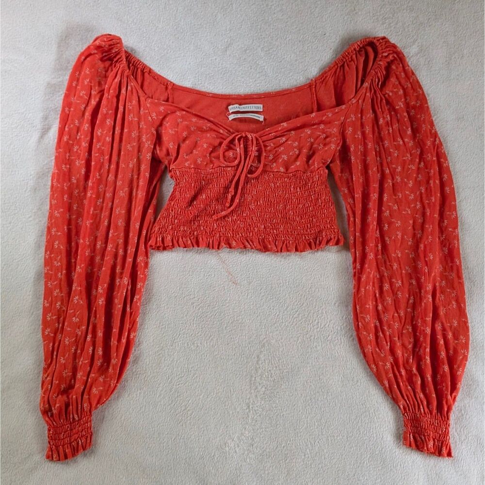 Floral Cropped Long Puff Sleeve Blouse Women's Medium Coral Orange Ditsy Print - Picture 2 of 7